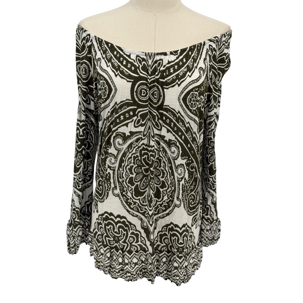 INC International Concepts Top Olive Green Paisley 100% Rayon Large